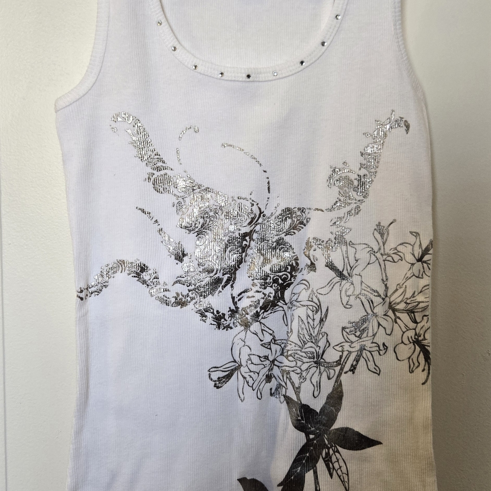 Bisou Bisou White Tank with Silver Floral Foil and Stud Accents